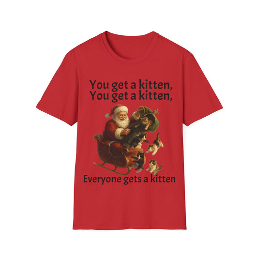 Funny Christmas T-Shirt — Santa Tossing Kittens "Everyone Gets a Kitten" (Holiday Office Party Gift)